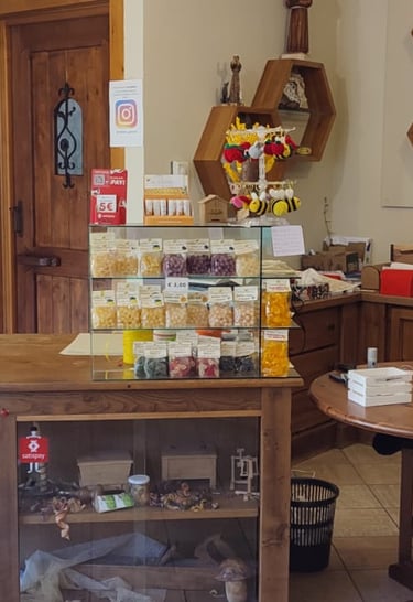 Interno del negozio di Sampeyre con la cassa e arredamento in legno