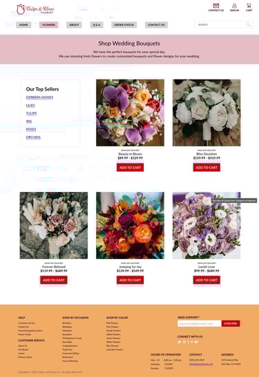 Flowers webpage design with various floral arrangements of wedding bouquets.