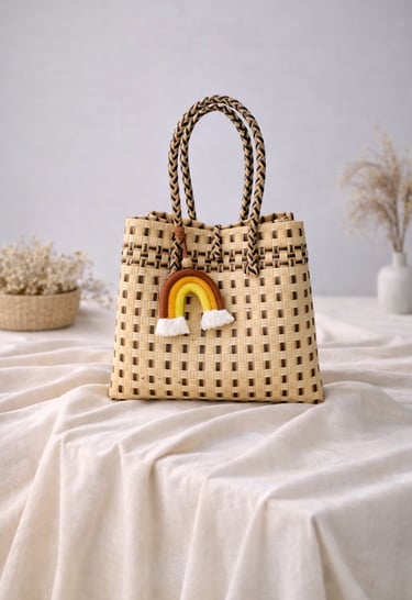 Tas anyaman plastik handmade warna natural coklat, tas anyaman wanita ramah lingkungan
