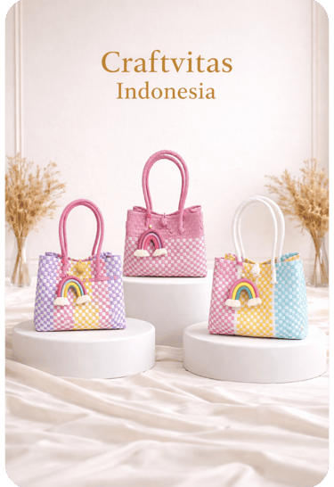 Tas anyaman plastik handmade dengan kombinasi warna menarik dari Craftvitas Indonesia untuk retail dan grosir