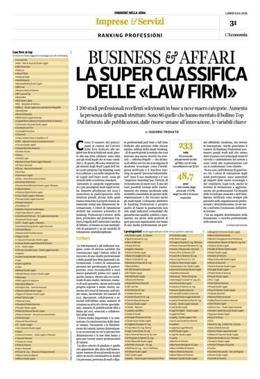 Corriere della Sera newspaper page featuring the Business and Affairs ranking of top law firms in Italy.