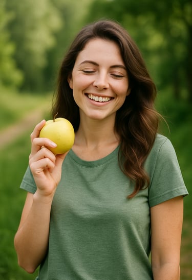 Pessoa segurando maçã amarela madura em ambiente natural com camiseta verde com gestos suaves