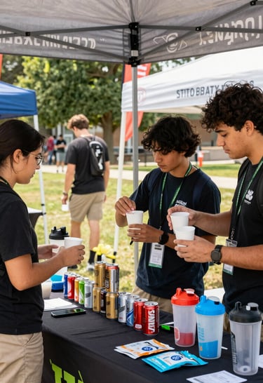 Students mingling happily around tables with wellness vendors at a sunny outdoor event.