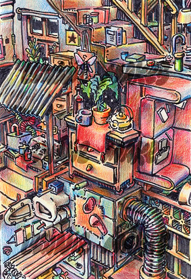Fun colourful Illustration, colour pencil drawing, detailed artwork, cute art print