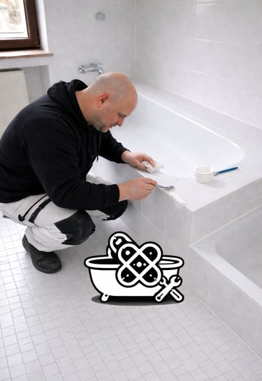 Professional plumber repairing a chipped white bathtub using a ceramic filler kit.