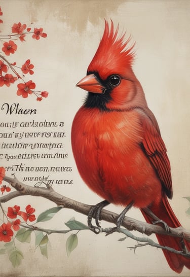 A delicate red cardinal pendant necklace resting on a wooden table.