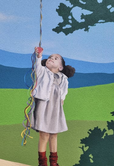 Fresque peinte: une fillette tient une grappe de ballons, debout sur un muret, Jura, Viry (39).