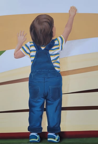 Détail d'une fresque murale: un garçon debout de dos se hisse sur la pointe de pieds. Viry, Jura.