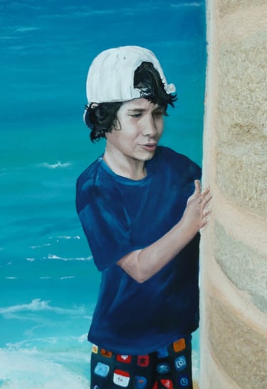 Portrait d'un garçon, avec une casquette, peint dans une fresque murale. Saône et Loire, 71.