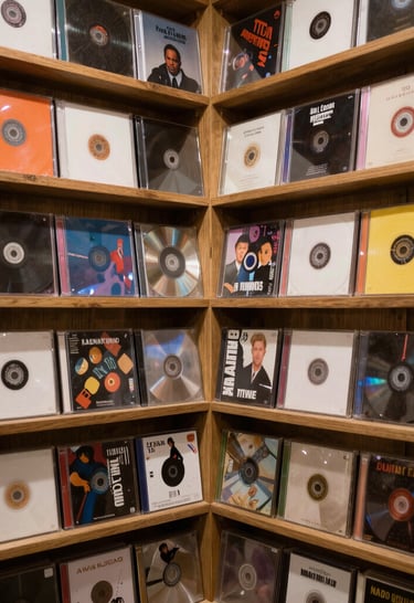 Stack of CDs showing both French and English versions side by side on a rustic wooden table.
