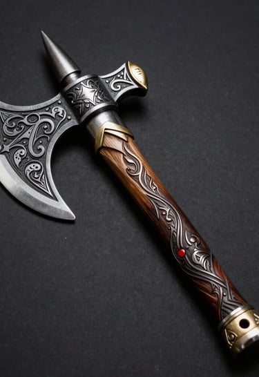 A Viking-style pizza cutter with a forged steel blade and wooden handle displayed on a stone countertop.