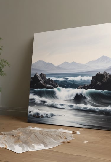 An artist's workspace with sketches and a tablet showing a commissioned artwork in progress.