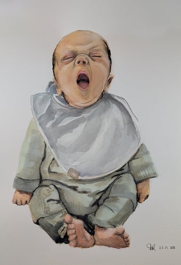 Yawning baby painted in aquarel or watercolor paint personalized by Studio FloraRoos