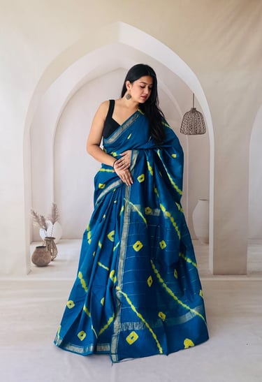 Handcrafted Shibori print Maheshwari silk saree with artistic patterns