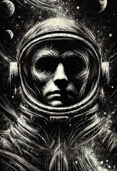 A dark monochrome astronaut portrait.