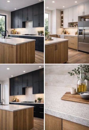 olores y materiales en cocinas modernas con madera, cuarzo y tonos gris y blanco