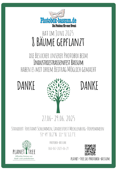 Zertifikat von PLANET TREE über 8 Bäume