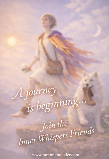 Fantasy art of a woman walking with a white wolf at sunrise, titled A journey is beginning.