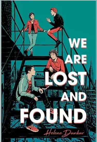 A green book cover featuring line drawings of four teenagers sitting a flight of stairs on the exterior of a building
