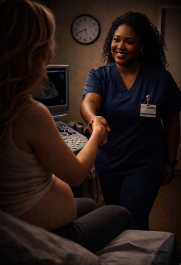 Ultrasonography greeting pregnant patient in late afternoon.