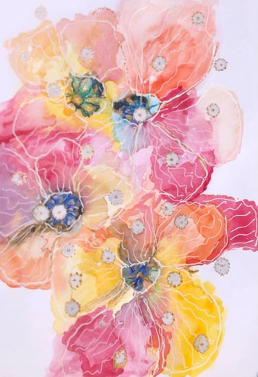 Aqurelle fleurie rose jaune et orange par xirkys artiste plasticienne