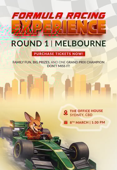 Formula Racing Experience poster for Melbourne Round 1 featuring a kangaroo driving a green race car.