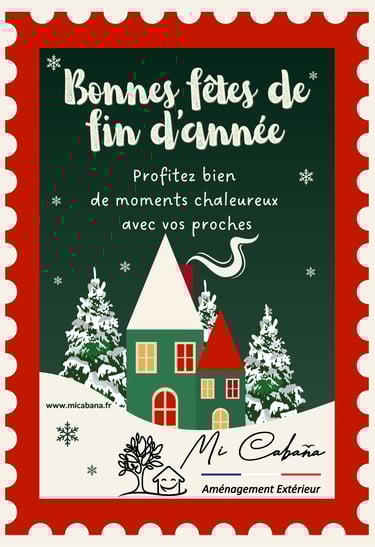 a christmas card with a house and a christmas tree