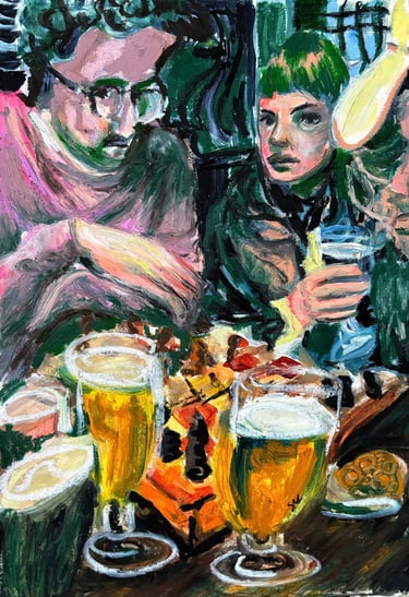a painting of a man and woman sitting at a table drinking beer