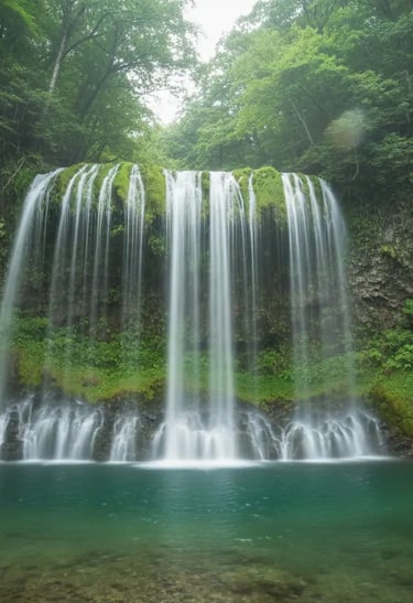 The stunning Shiraito Falls near Mount Fuji, featuring wide cascading water surrounded by lush green