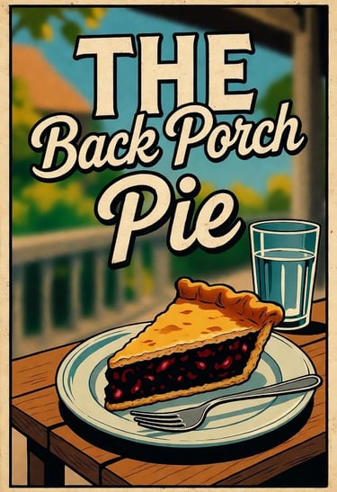A slice of pie sitting on the back porch, its beautiful crust shimmering in the sunlight