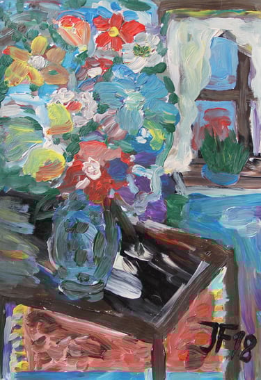 a still life painting of a vase with flowers on a table by the window
