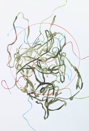 green seaweed tangle inside a thin red hoop