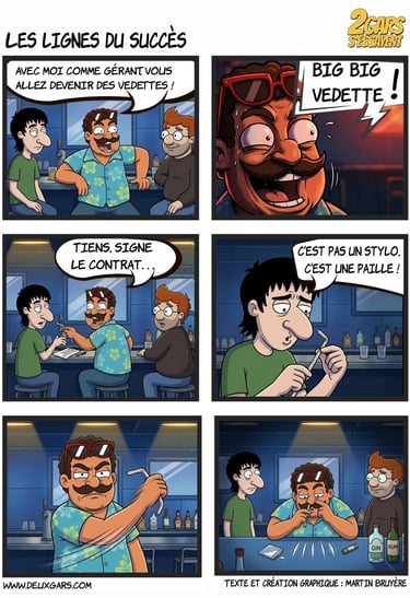 Comic strip showing a man using a straw to snort white lines in a bar setting.