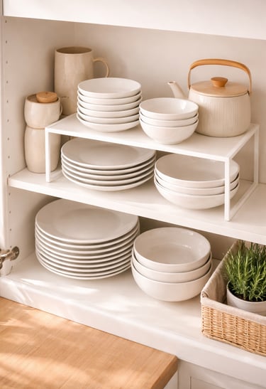 Kitchen cabinet with white stackable shelf organizer creating two levels for plates and bowls, Japan