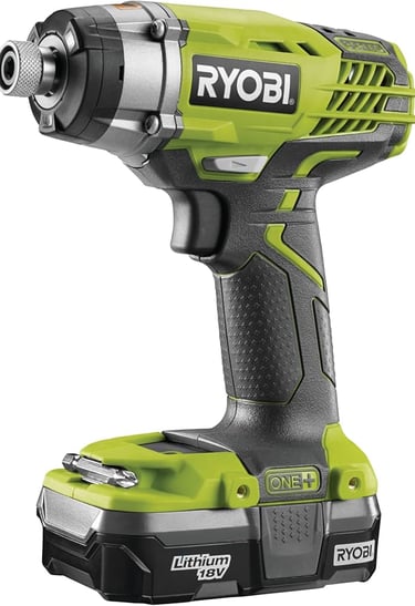 A Ryobi ONE+ 18V cordless impact driver featuring a lime green and grey design with a lithium-ion battery.
