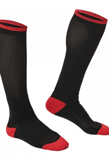 a pair of black and red socks with red and black socks