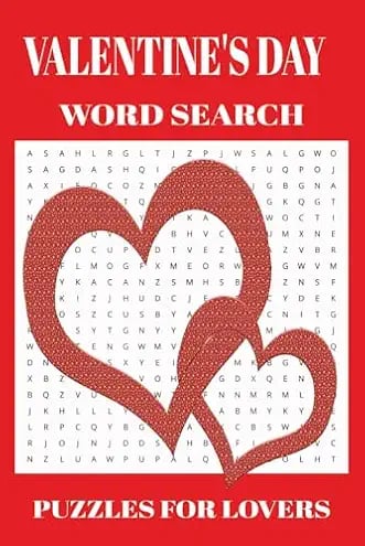  Valentine's Day word search puzzle for lovers featuring red heart designs.