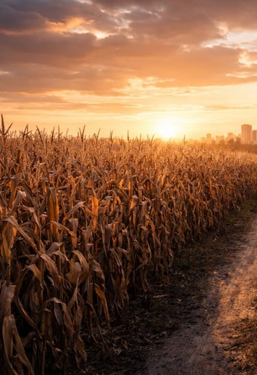 Corn Field in the Fall with a sunset