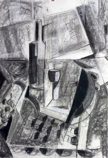 Naturaleza muerta cubista, dibujo carboncillo del artista Argi Girón. Cubist still life painter