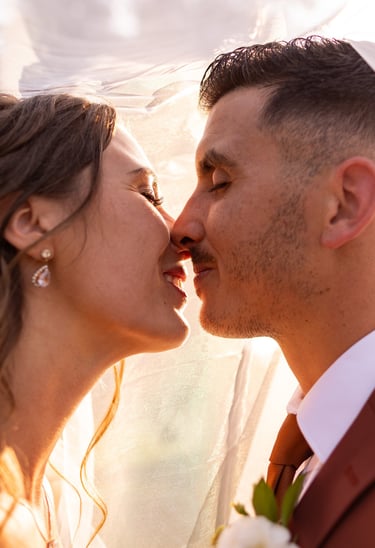 a bride and groom kissing in front of a veil