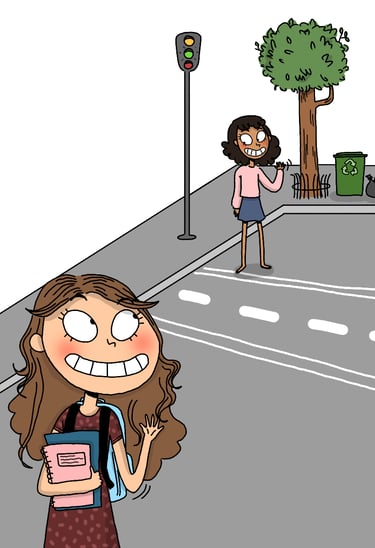 a cartoonish girl with a book and a bookcase Diane Mulolo Faida