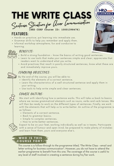 Brochure Write Class: Sentence Structure for Clear Communication. HRD Corp claimable