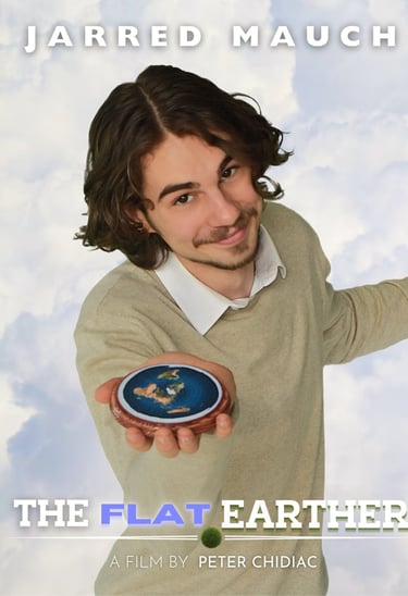 a man in a sweater holding a flat earth in his hand, movie poster