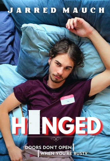 a man laying on a bed with a name tag on his chest, movie poster