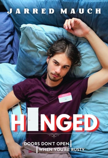 a man laying on a bed with a name tag on his chest, movie poster