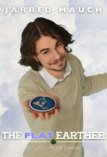 a man in a sweater holding a flat earth in his hand, movie poster