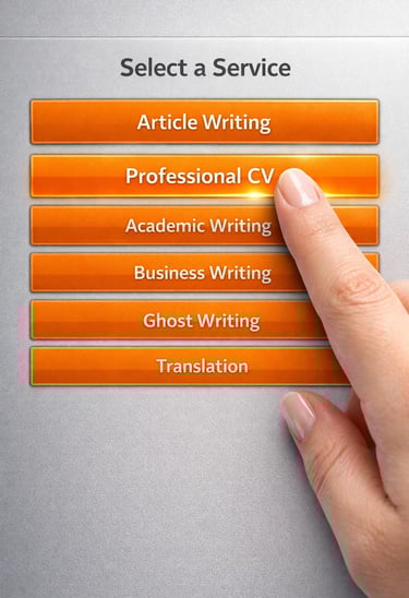 A person selecting professional CV writing services on a digital touchscreen menu with orange buttons.