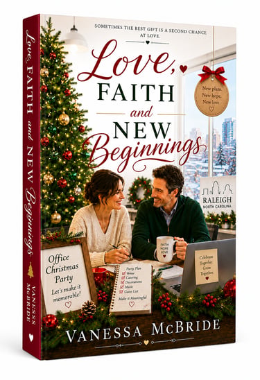 Cover of Love, Faith and New Beginnings, a Christmas romance novel by Vanessa McBride set in Raleigh.