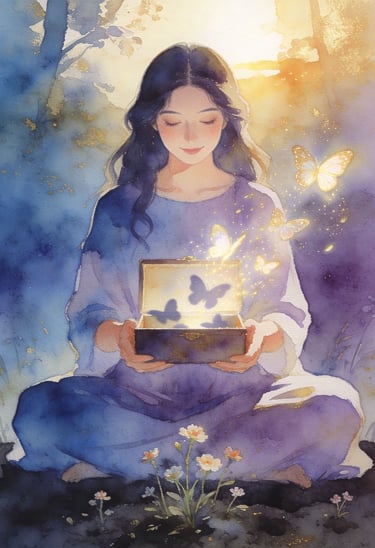 « Femme méditant avec boîte magique d’où s’envolent des papillons, symbolisant la guérison émotions