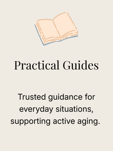 Open book icon above text describing practical guides for active aging and everyday guidance